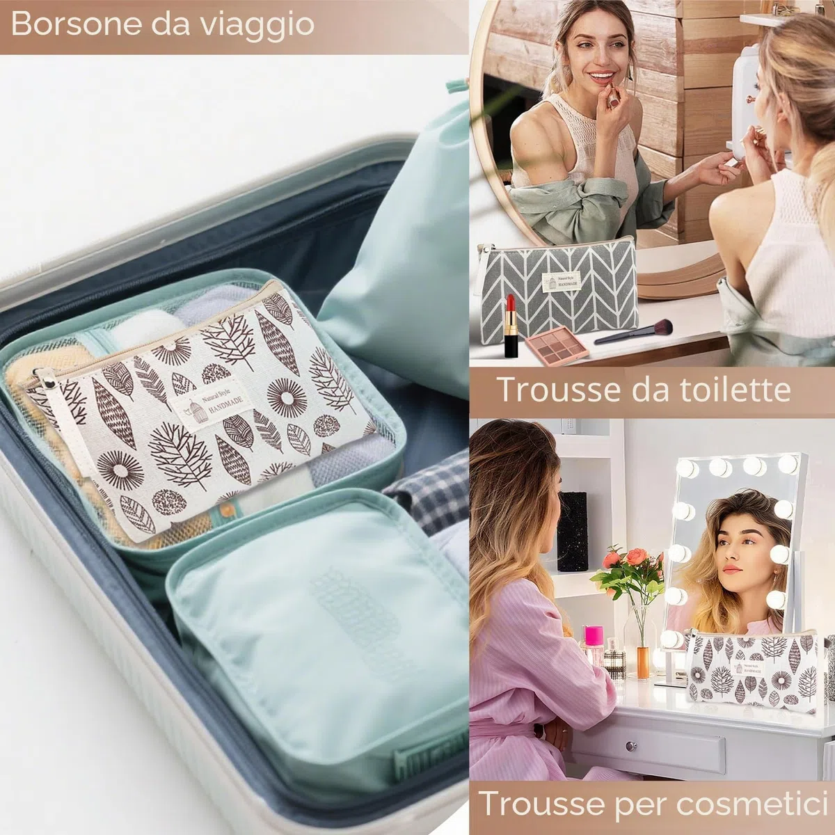 3 Pezzi Pochette Trucco, Trousse Donna, Pochette Donna Mare, Borsa per Cosmetici, Astuccio da Viaggio per Trucco, Regali Natale (Alberi/Frecce/Foglie)