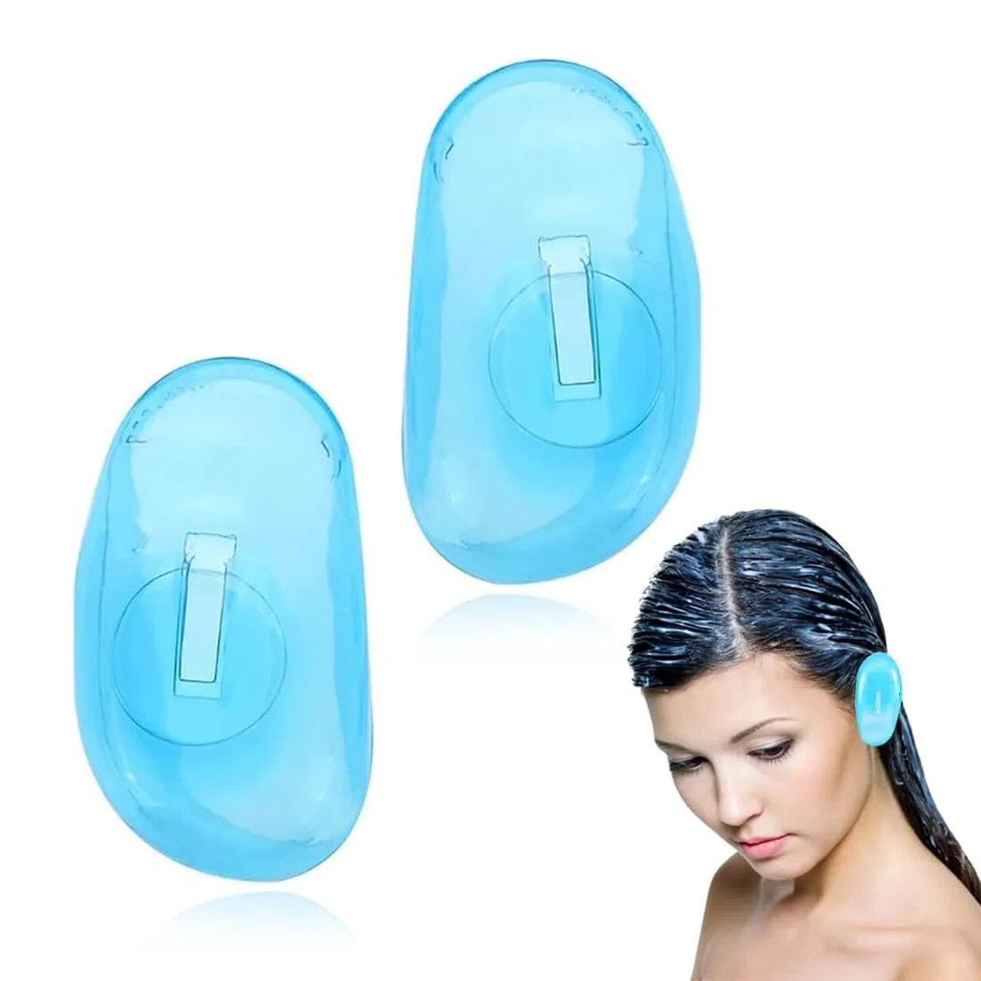 Set da 2 paraorecchie in Silicone riutilizzabili, Impermeabili e Adatti a Uso Domestico,per Proteggere Il Colore dei Capelli Durante la tintura, in Doccia, Bagno o Salone,Trasparente Blu