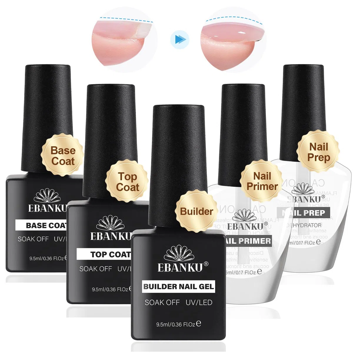 EBANKU 5PCS Base e Top Coat Semipermanente, Disidratatore per Unghie Primer per Unghie, Builder Gel Unghie, Kit Nail Prep e Primer Unghie UV LED Professionale per Smalto Unghie Gel