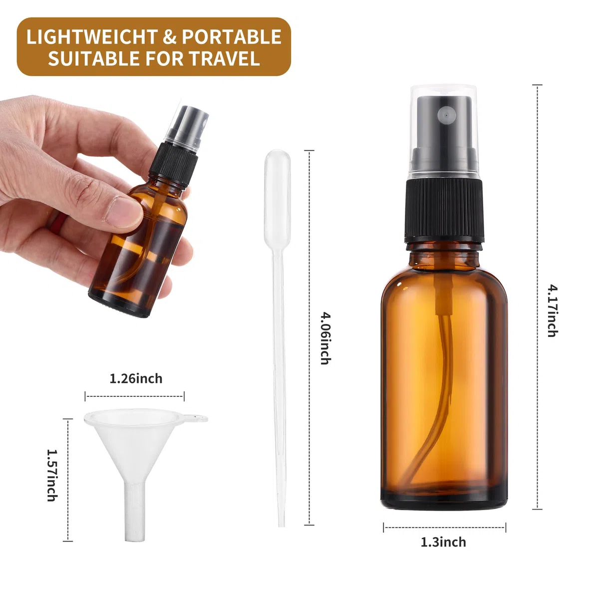 Nuangoo 10 pezzi Bottiglie Spray Vetro, 30 ml Flaconi spray vuoti in vetro,Flaconi spray in Vetro Ambrato con imbuto e contagocce per Profumi, Cosmetici, oli Essenziali, Massaggi