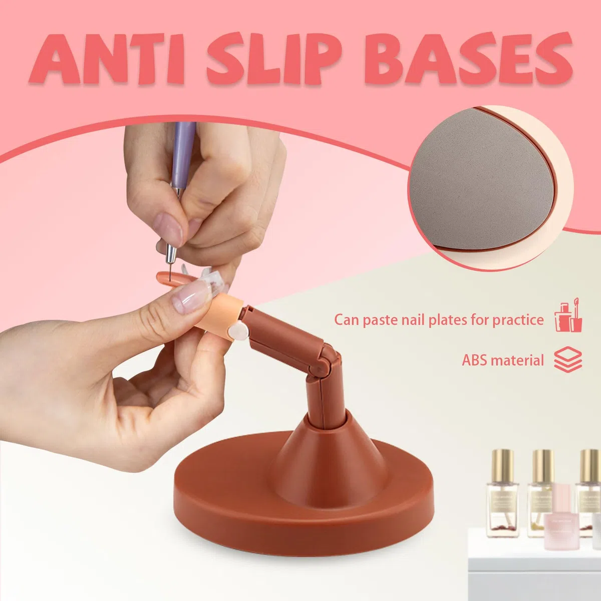 3 dita finte per unghie in acrilico con base, punte e blocco tampone per unghie, manichino regolabile per nail art, kit per principianti mobili e flessibili (marrone)