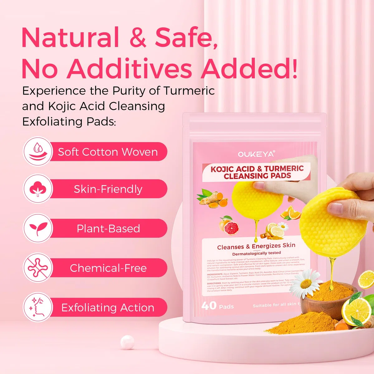 OUKEYA Dischetti Viso alla Curcuma e Acido Kojic, 40 Pezzi Esfolianti Delicati Dischetti Acido Cogico e Turmeric, Idratanti e Lenitivi Toner Pads per Pulizia Viso