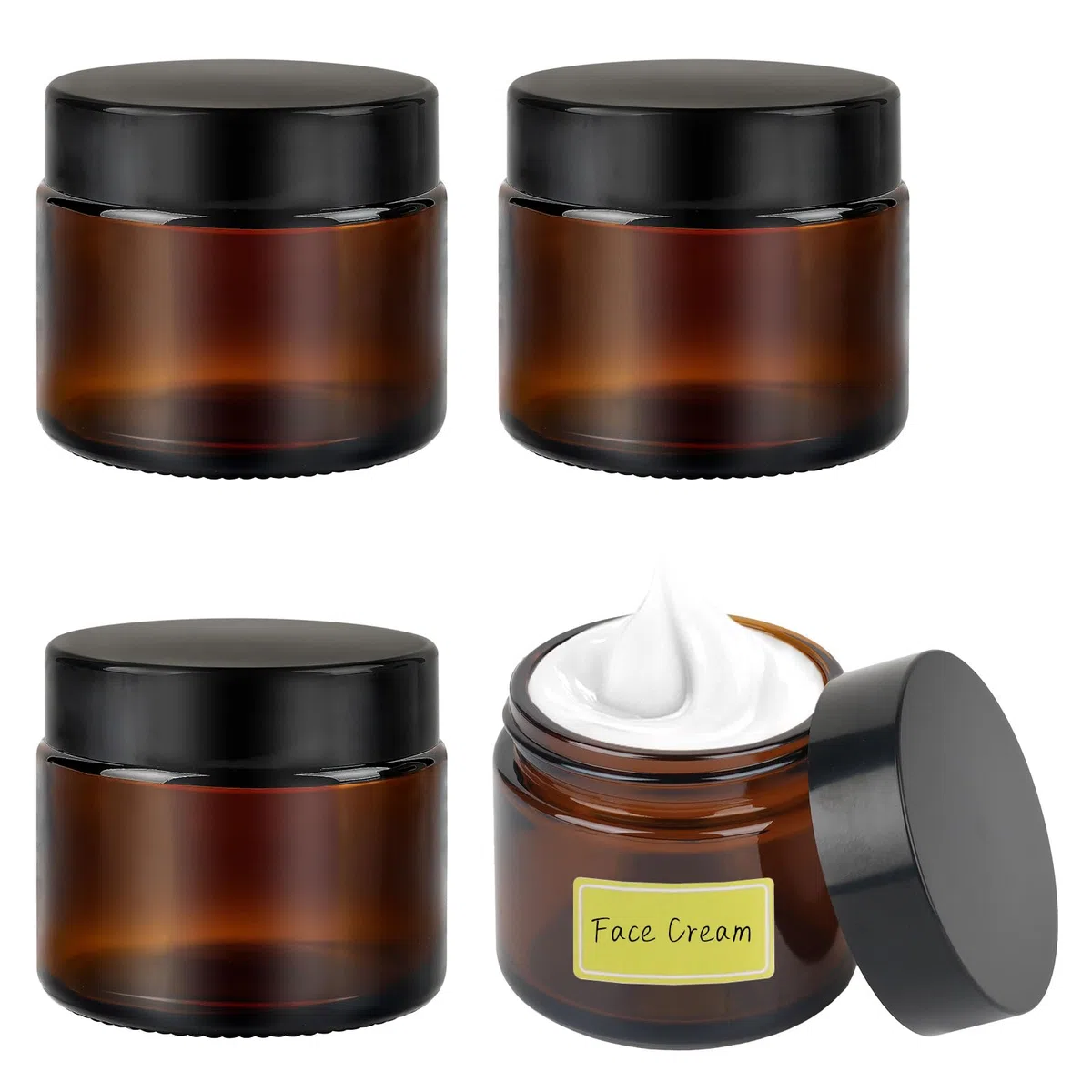 4 contenitori per crema in vetro ambra, da riempire, 60 ml, contenitore per unguento, in vetro marrone, con spatola e adesivo, per lozione, crema, cosmetici