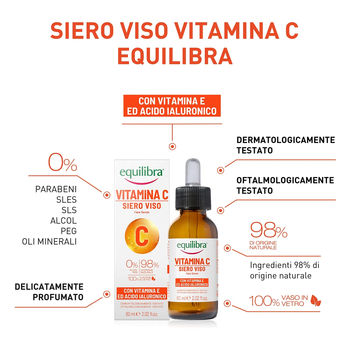 equilibra Viso, Siero Viso Vitamina C con Vitamina E, Acido Ialuronico e Aloe Vera, dona Luminosità e Freschezza, Adatto per Pelli Sensibili, Non Unge, Assorbimento Rapido, 60 ml