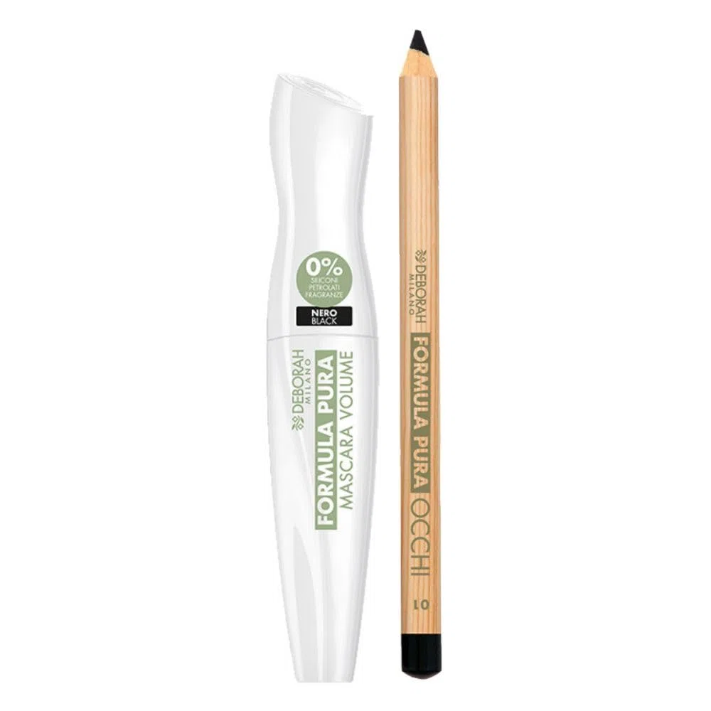 Deborah Milano Formula Pura Mascara Volume Black + Matita Occhi Naturale 01 Black – Trattamento Make-Up con Ingredienti Naturali, Set Mascara e Matita Nero Intenso 12 ml