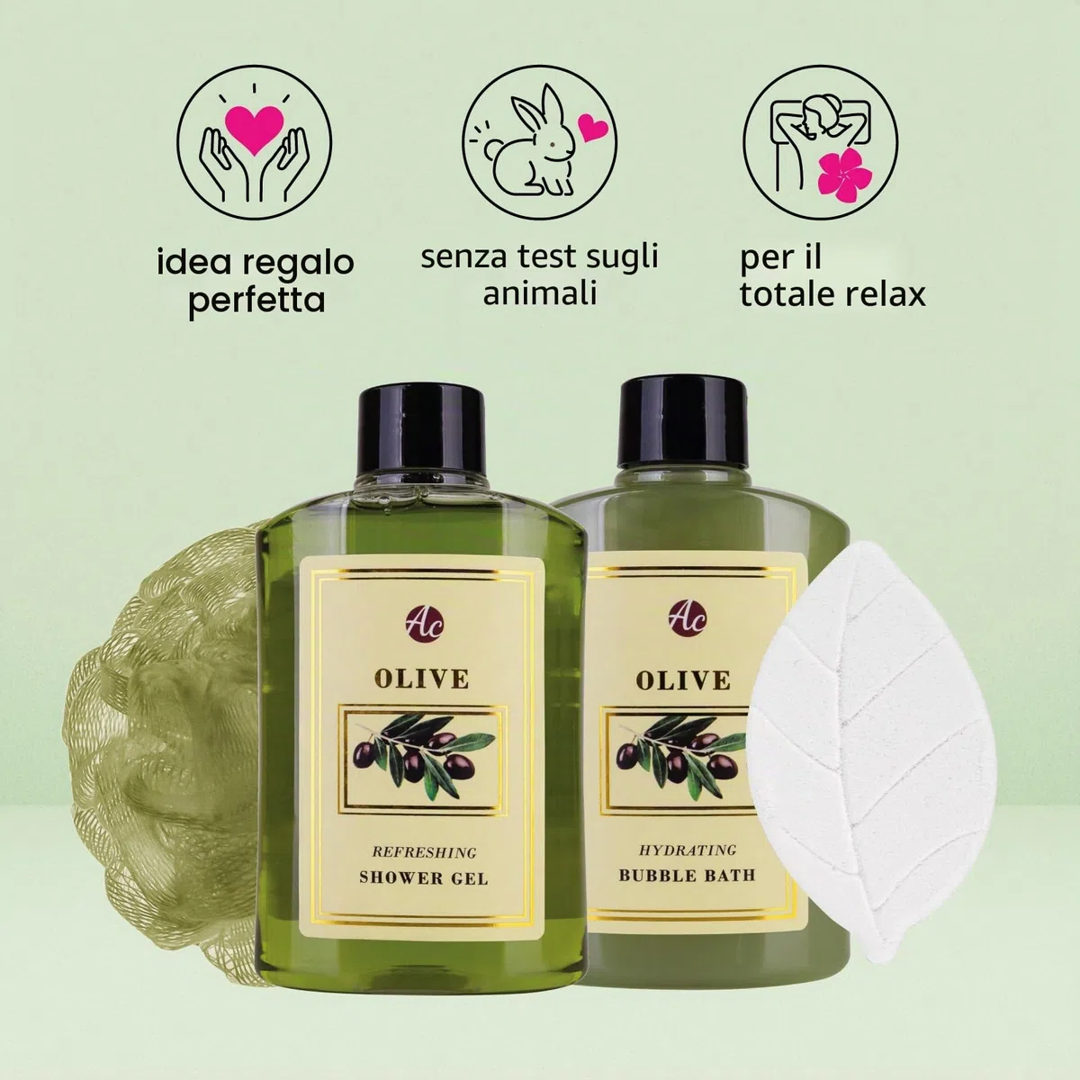 Accentra - Set da bagno da donna "Olive" in cestini in erba marina, set doccia con gel doccia, bagno in schiuma, bomba da bagno e spugna a rete, set da 4 pezzi per donne e ragazze