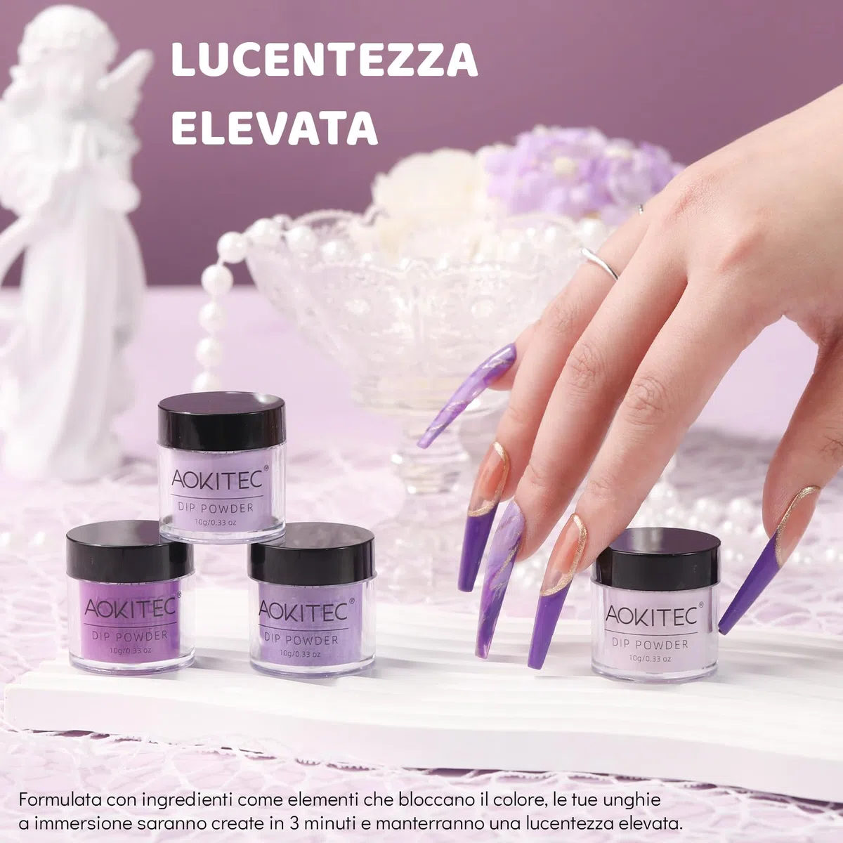 Aokitec 4 colori polvere per immersione, tonalità viola polvere per immersione per nail art francese salone di bellezza, polvere per unghie per principianti, inodore a lunga durata, regalo per donna