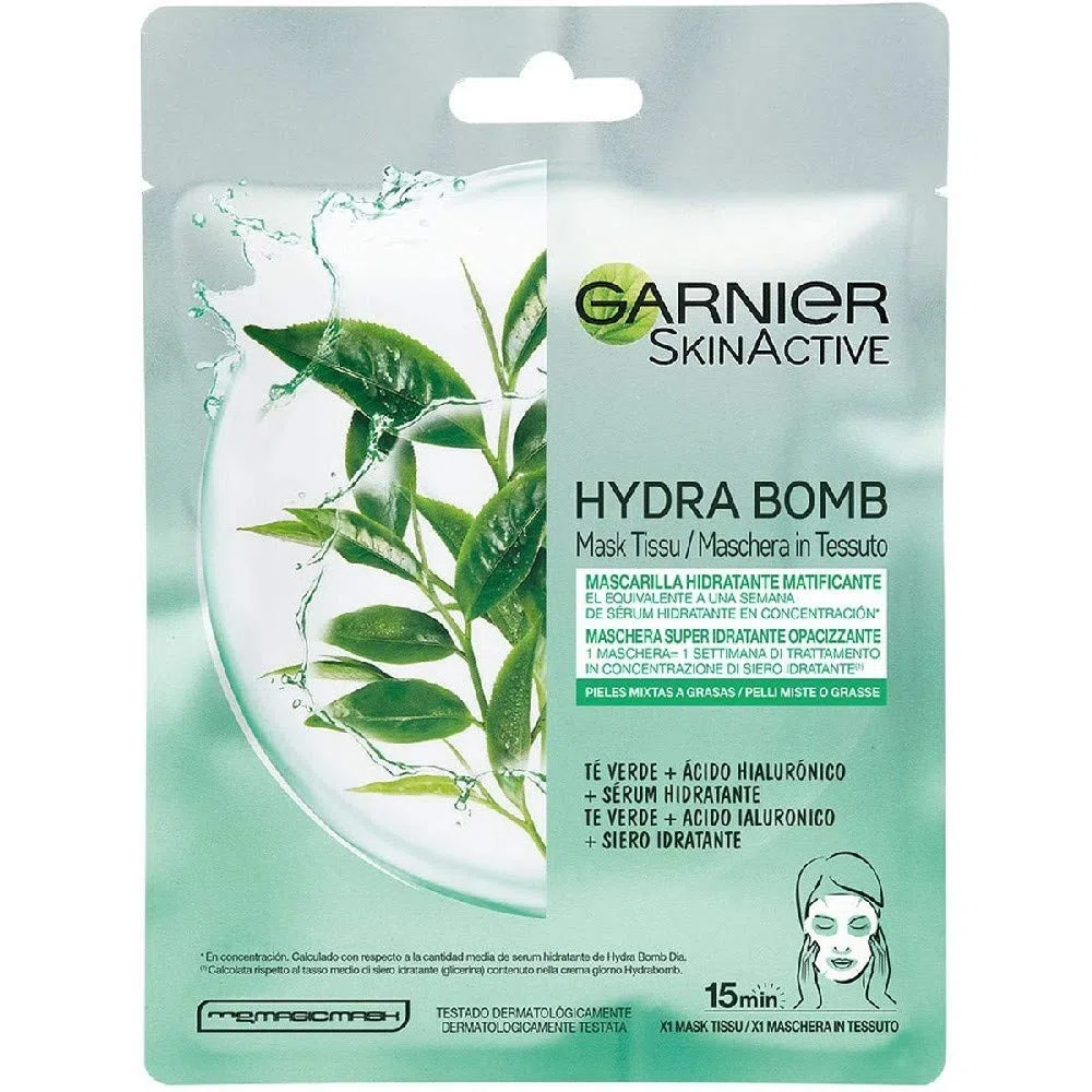 Garnier SkinActive, Maschera in tessuto super-idratante e opacizzante Hydra Bomb, Per pelli miste o grasse, Tè verde, Confezione da 5