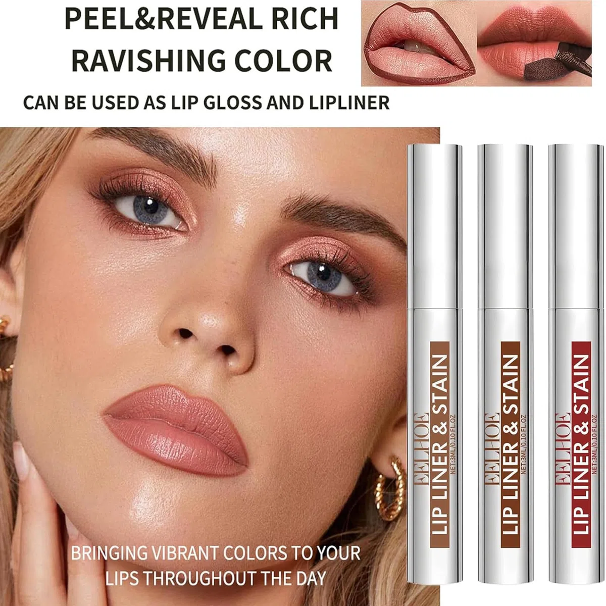 3 pezzi Peel Off Lip Liner, Lip Stain Peel Off a Lunga Durata, Impermeabile Tinta Labbra Peel Off, Lip Liner Tattoo per Labbra, Matte Finish Rossetto per Donne