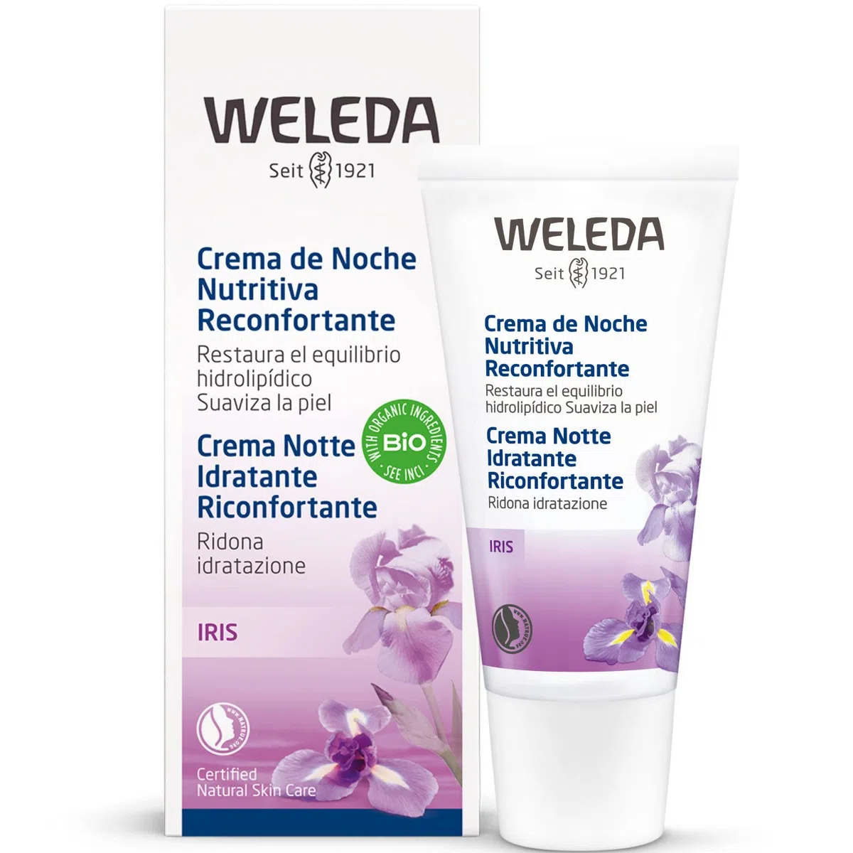 Weleda Crema Notte Idratante Iris, ricco trattamento viso per sostenere il naturale processo di rigenerazione cutaneo, per tutti i tipi di pelle (1x30 ml)