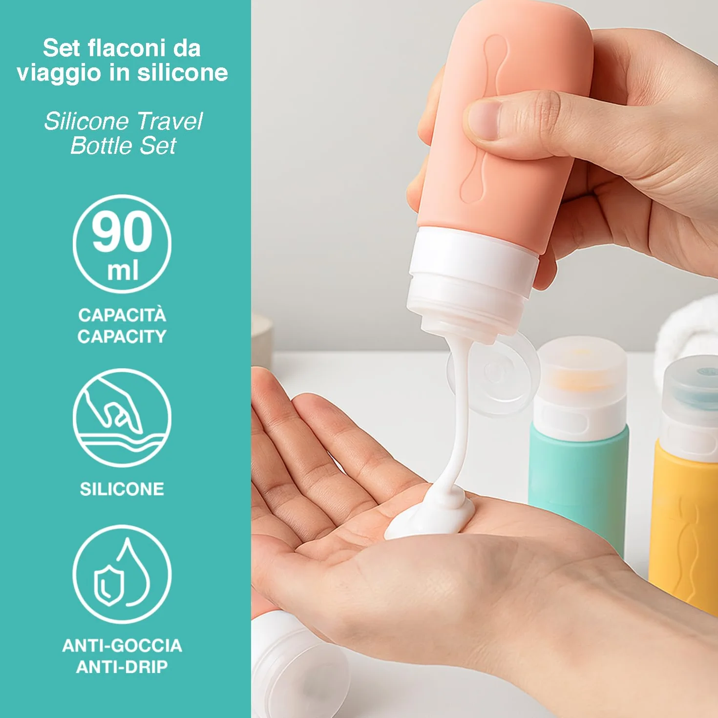 BEPER C302AAC010 Set 4 Flaconi da Viaggio in Silicone 90 ml, Contenitori per Shampoo e Creme con Astuccio Trasparente, Antigoccia, Ideali per Aereo e Palestra