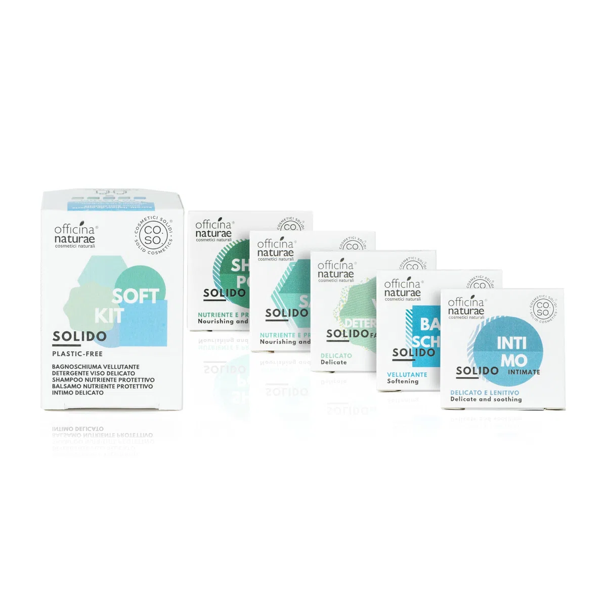 Officina Naturae | Kit Cosmetici Solidi Soft con Astuccio, 5 Mini Size di Bagnoschiuma Vellutante, Shampoo e Balsamo Nutriente, Detergente Delicato e Intimo da 15 gr