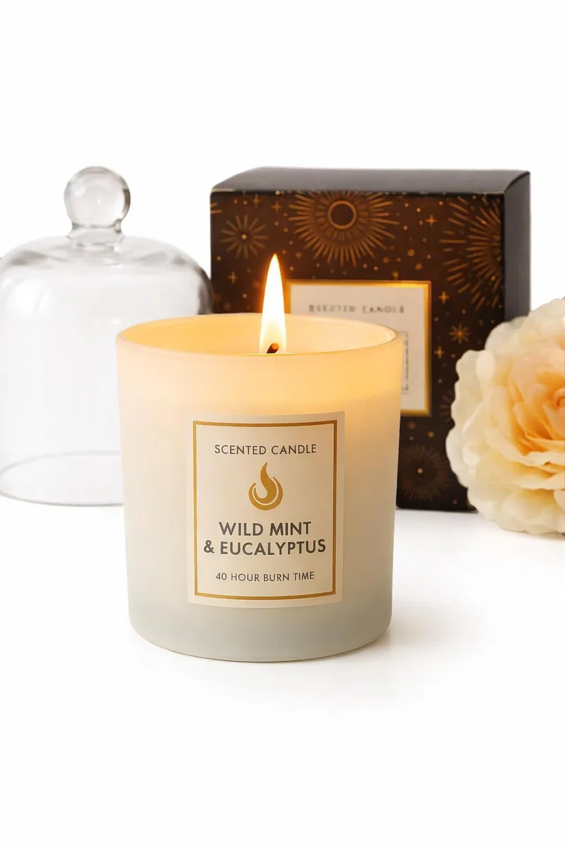 Candela Profumata in Vetro con Lunga Durata – Menta Selvatica & Eucalipto – Elegante Idea Regalo per Casa, Relax, Aromaterapia, 40 Ore, Confezione Premium