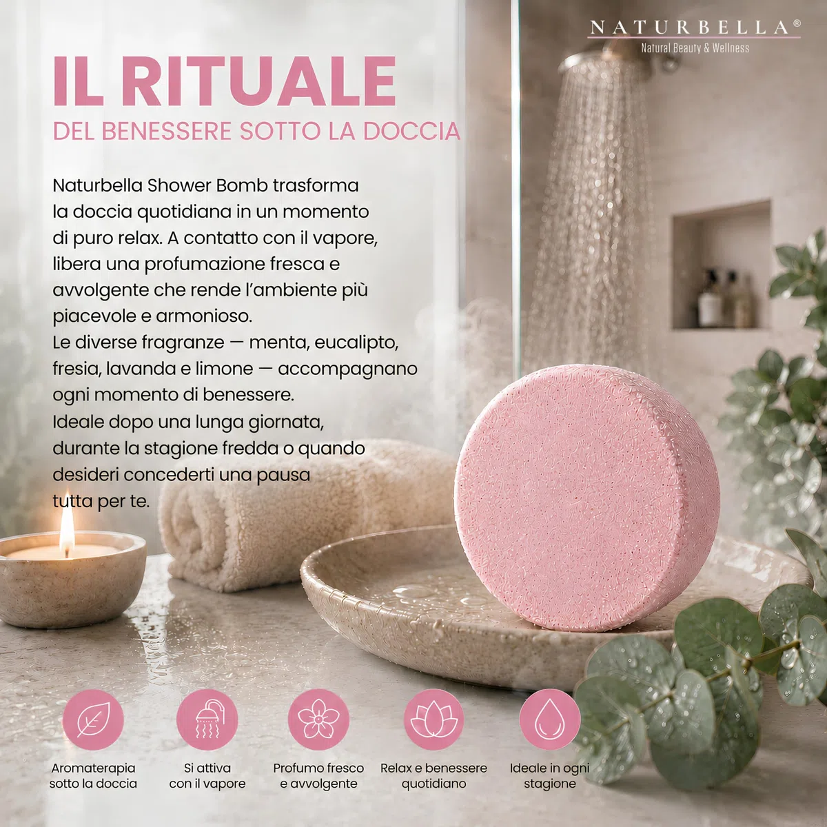 Naturbella 5 Bombe da Doccia Balsamiche Aroma Shower Breath Eucalipto, con Olio Essenziale Biologico di Eucalipto, Shower Bomb Aromaterapia Balsamica, per Doccia Aromaterapica Made in Italy