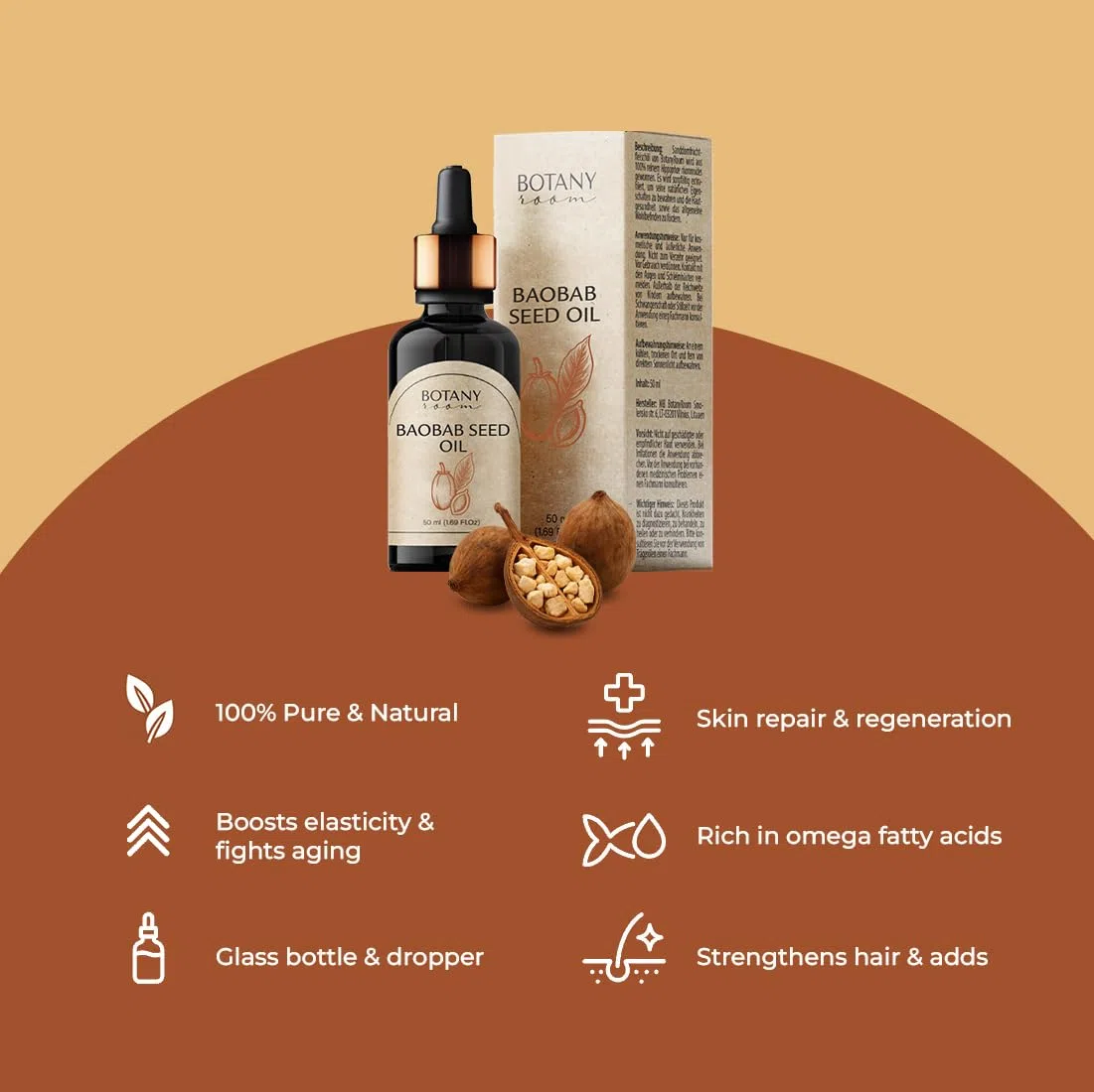 Olio di baobab spremuto a freddo | 100% puro naturale | Olio per pelle e capelli per una cura intensiva | Ricco di acidi grassi omega e vitamina E | Bottiglia di vetro da 50 ml | Una cura