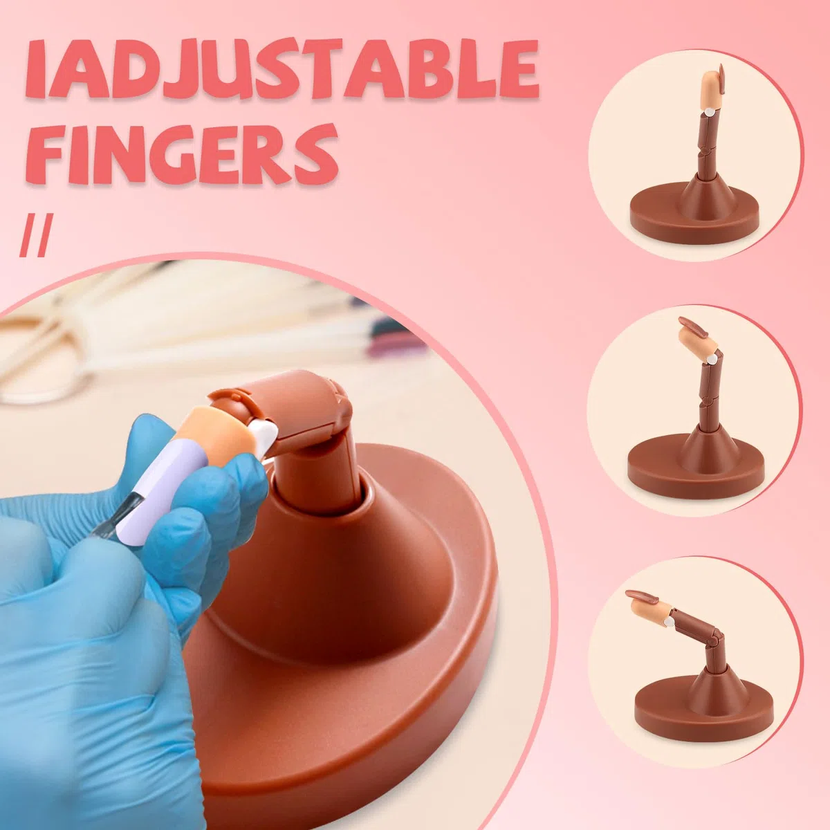 3 dita finte per unghie in acrilico con base, punte e blocco tampone per unghie, manichino regolabile per nail art, kit per principianti mobili e flessibili (marrone)