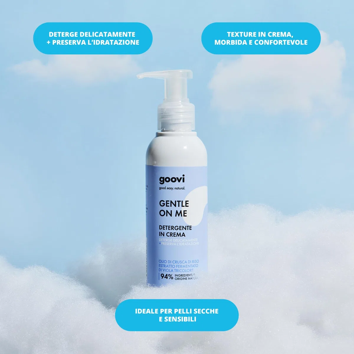 Goovi, Gentle on Me Detergente Viso in Crema per Pelle Secca e Sensibile, Rimuove Delicatamente Trucco e Impurità, Preserva l'Idratazione e Protegge la Barriera Cutanea, Ingredienti Naturali, 140ml