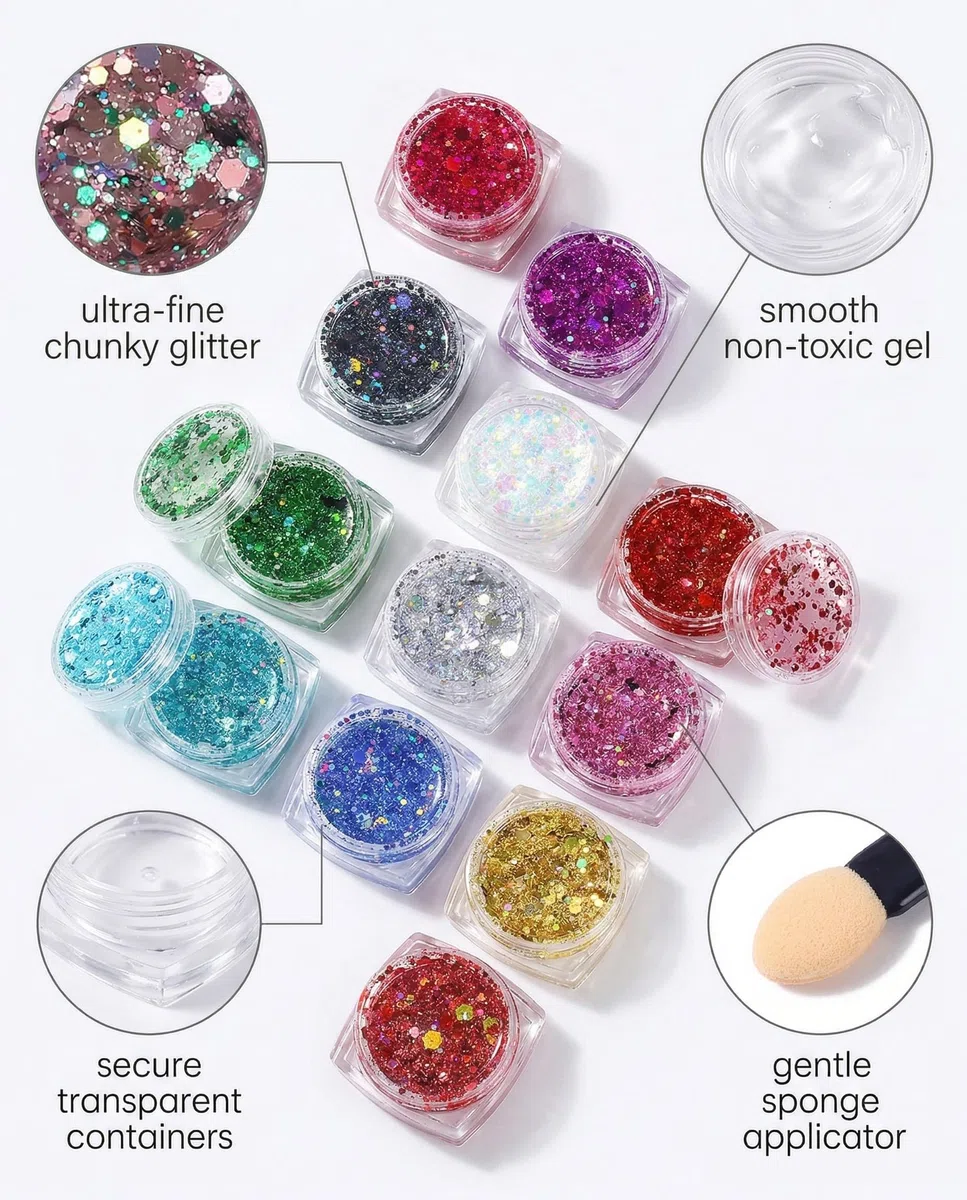 12 Pezzi Glitter Capelli Gel,Brillantini Corpo,Body Glitter Viso Make Up,Brillantini Occhi Polvere,Paillettes per Corpo,Brillantinis Unghie Nail Art,Cosmetici Glitters per Candele Fai da Te