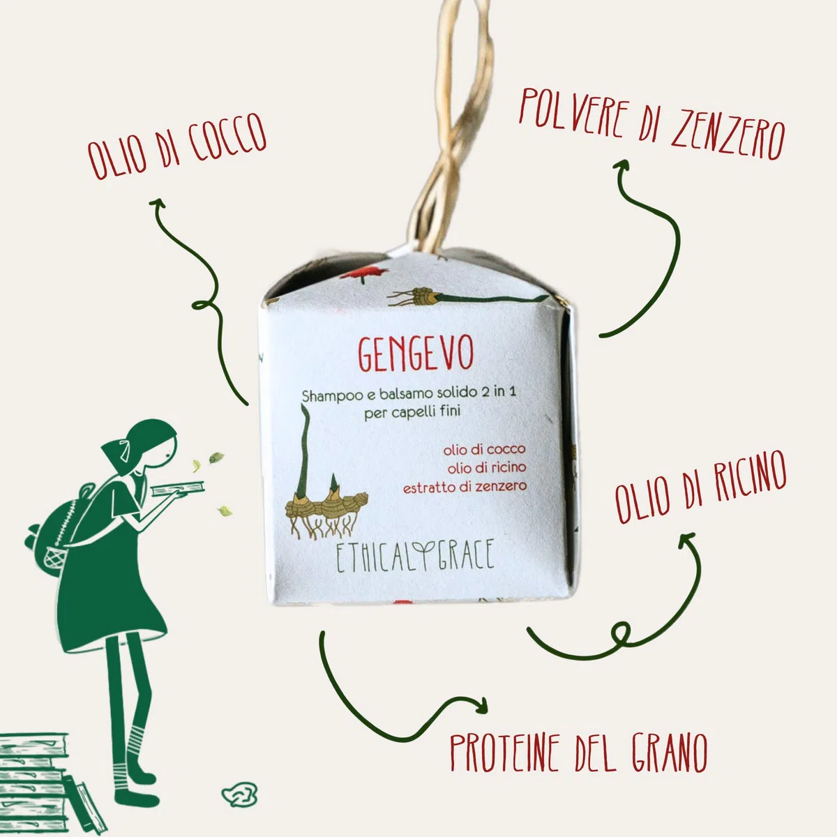 Ethical Grace - Gengevo - Shampoo e Balsamo Solido 2 in 1 Vegano Naturale per avere Capelli Voluminosi e Leggeri con Estratto di Zenzero, Olio di Cocco, Olio di Ricino e Proteine del Grano 90 gr
