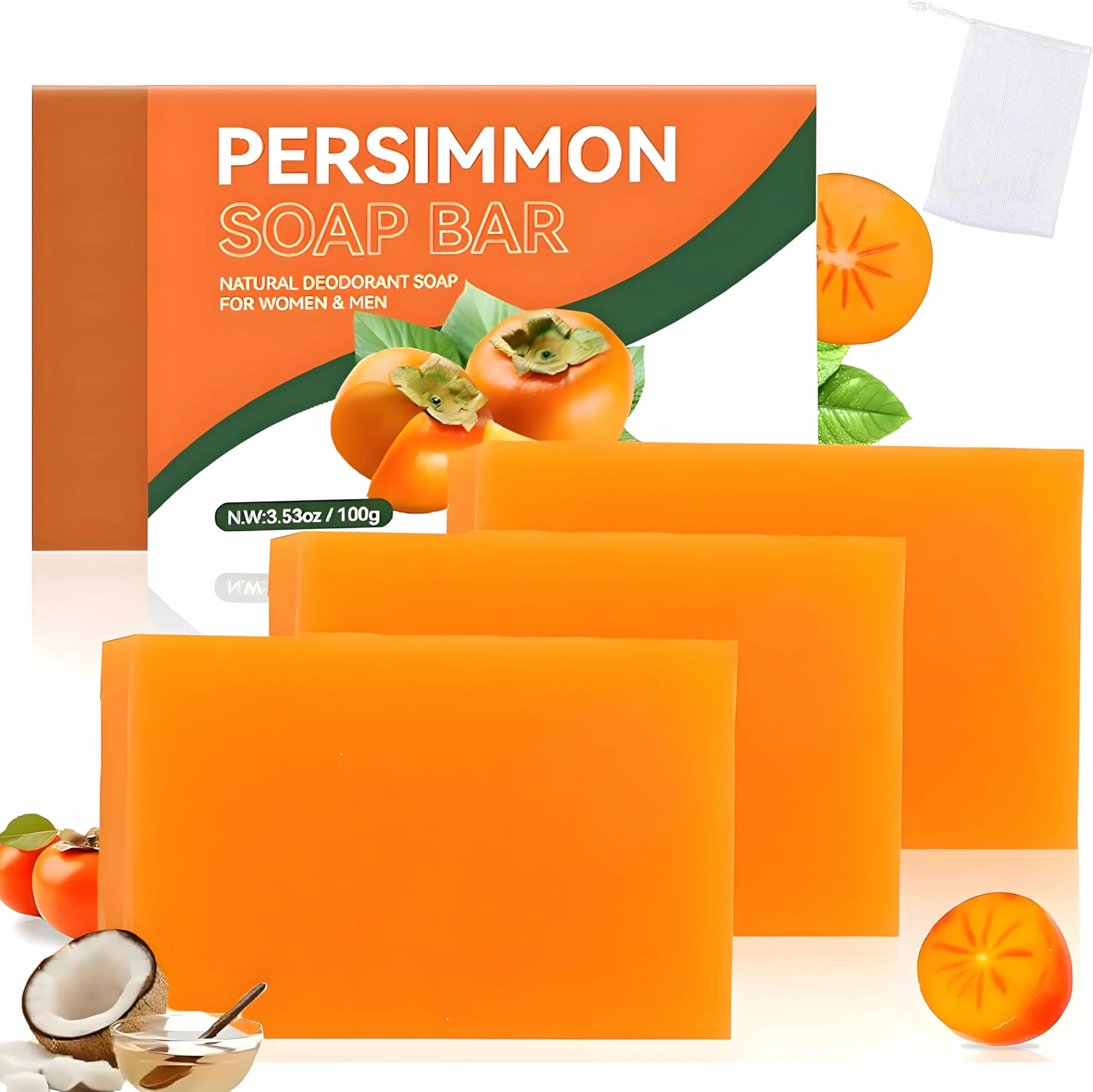 Sapone di persimmon con estratto di tè verde, cura fatta a mano contro gli odori corporei per uomo e donna, sapone per viso e corpo, 3 pezzi