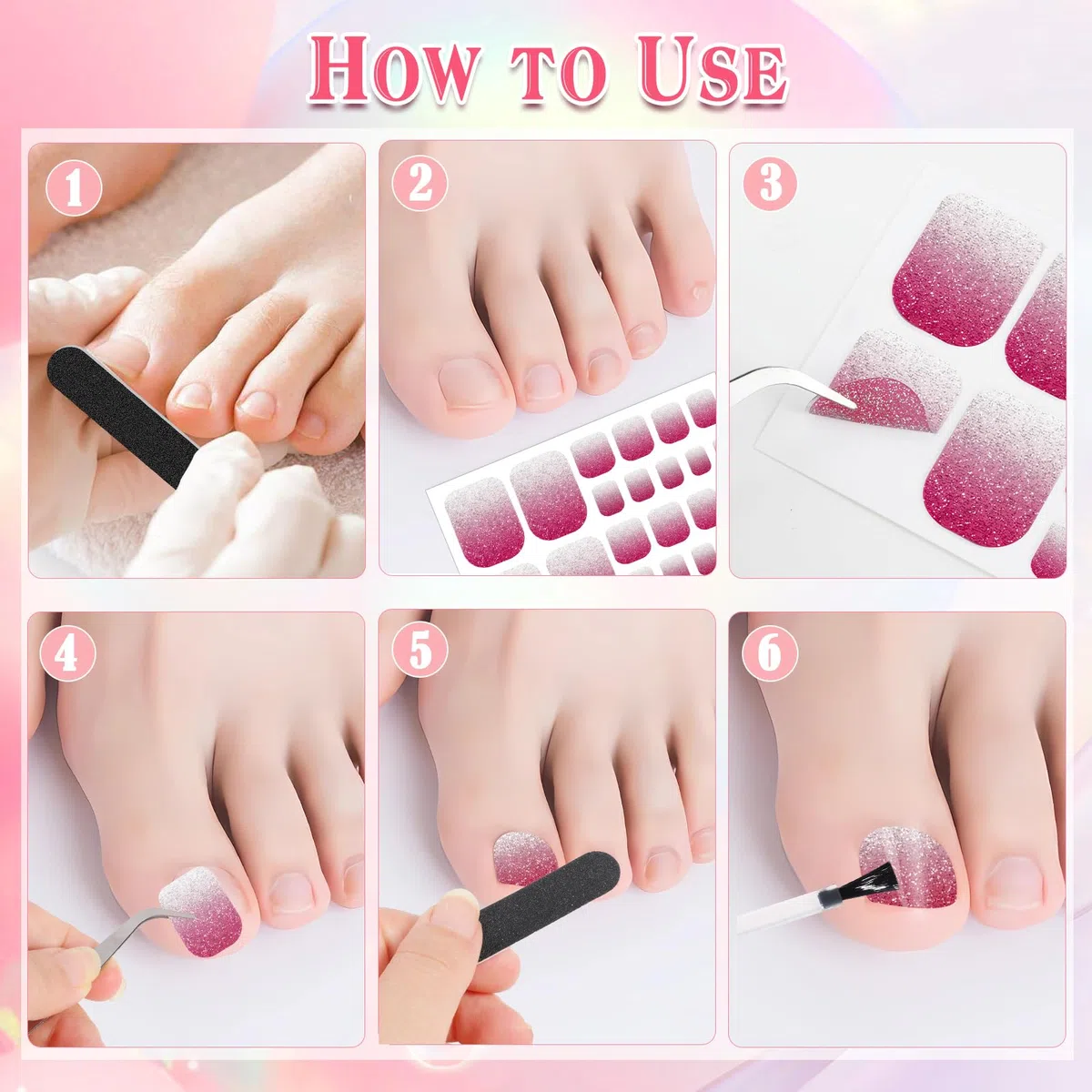 JSRQT 6 Pezzi Adesivi Unghie dei Piedi Glitterati, Adesivi Smalto per Unghie Toenail Stickers, Strisce Autoadesive e Decalcomaniein Gel per Donne Ragazze, Decorazioni per Nail Art Piedi