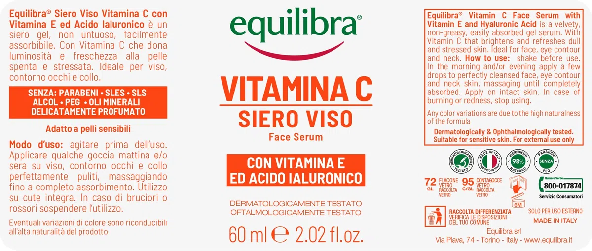 equilibra Viso, Siero Viso Vitamina C con Vitamina E, Acido Ialuronico e Aloe Vera, dona Luminosità e Freschezza, Adatto per Pelli Sensibili, Non Unge, Assorbimento Rapido, 60 ml