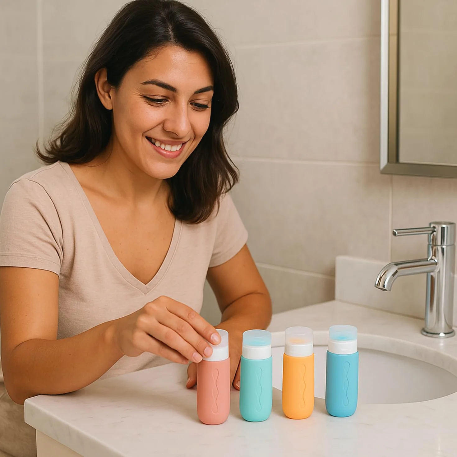 BEPER C302AAC010 Set 4 Flaconi da Viaggio in Silicone 90 ml, Contenitori per Shampoo e Creme con Astuccio Trasparente, Antigoccia, Ideali per Aereo e Palestra