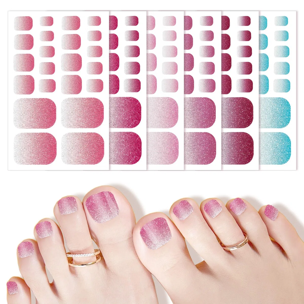 JSRQT 6 Pezzi Adesivi Unghie dei Piedi Glitterati, Adesivi Smalto per Unghie Toenail Stickers, Strisce Autoadesive e Decalcomaniein Gel per Donne Ragazze, Decorazioni per Nail Art Piedi