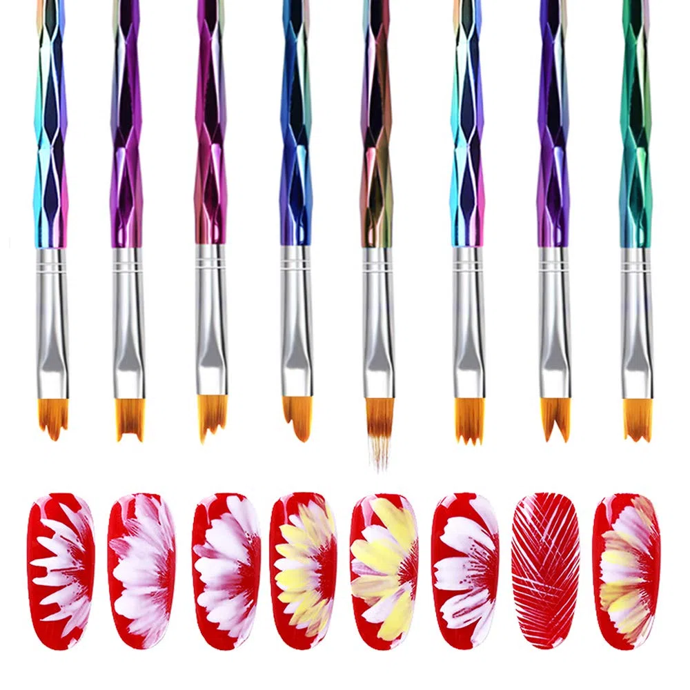Mwoot Set di 8 pennelli per nail art con sfumatura sfumata, con penna UV per pittura a gel, manico multicolore per manicure, nail art