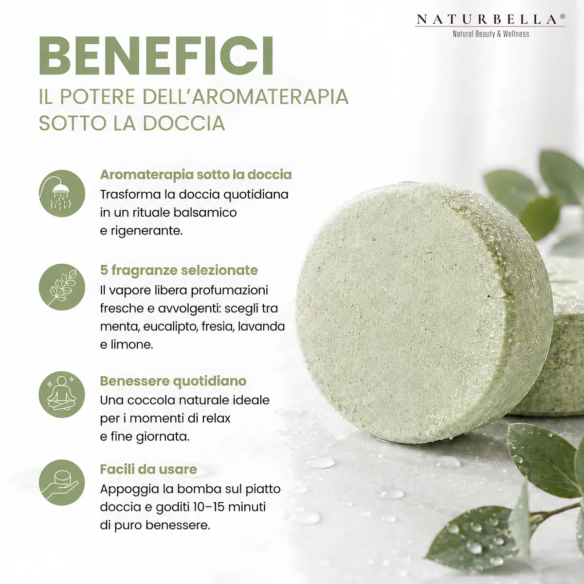 Naturbella 5 Bombe da Doccia Balsamiche Aroma Shower Breath Eucalipto, con Olio Essenziale Biologico di Eucalipto, Shower Bomb Aromaterapia Balsamica, per Doccia Aromaterapica Made in Italy