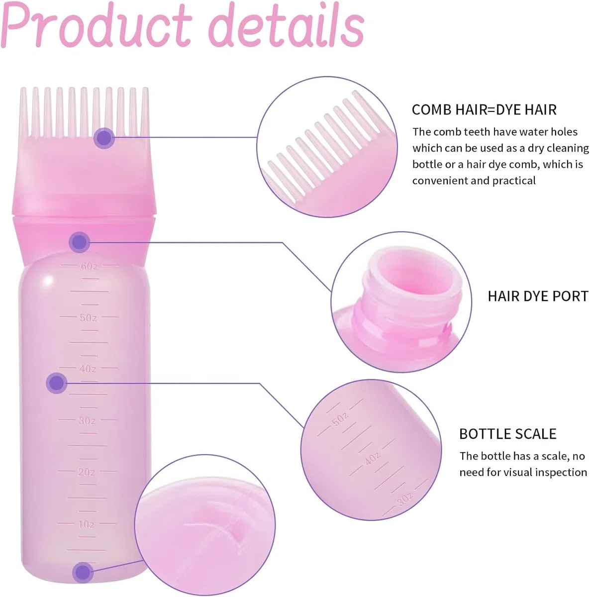 2 Pezzi Applicatore Olio Capelli,Massaggiatore Cuoio Capelluto + Applicatore Tintura,Flacone a Pettine per Radici,Spazzola Massaggio Cuoio Capelluto per La Casa,Salone per Capelli(Rosa)