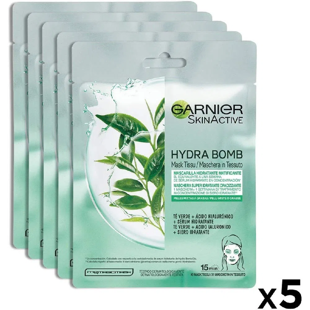 Garnier SkinActive, Maschera in tessuto super-idratante e opacizzante Hydra Bomb, Per pelli miste o grasse, Tè verde, Confezione da 5