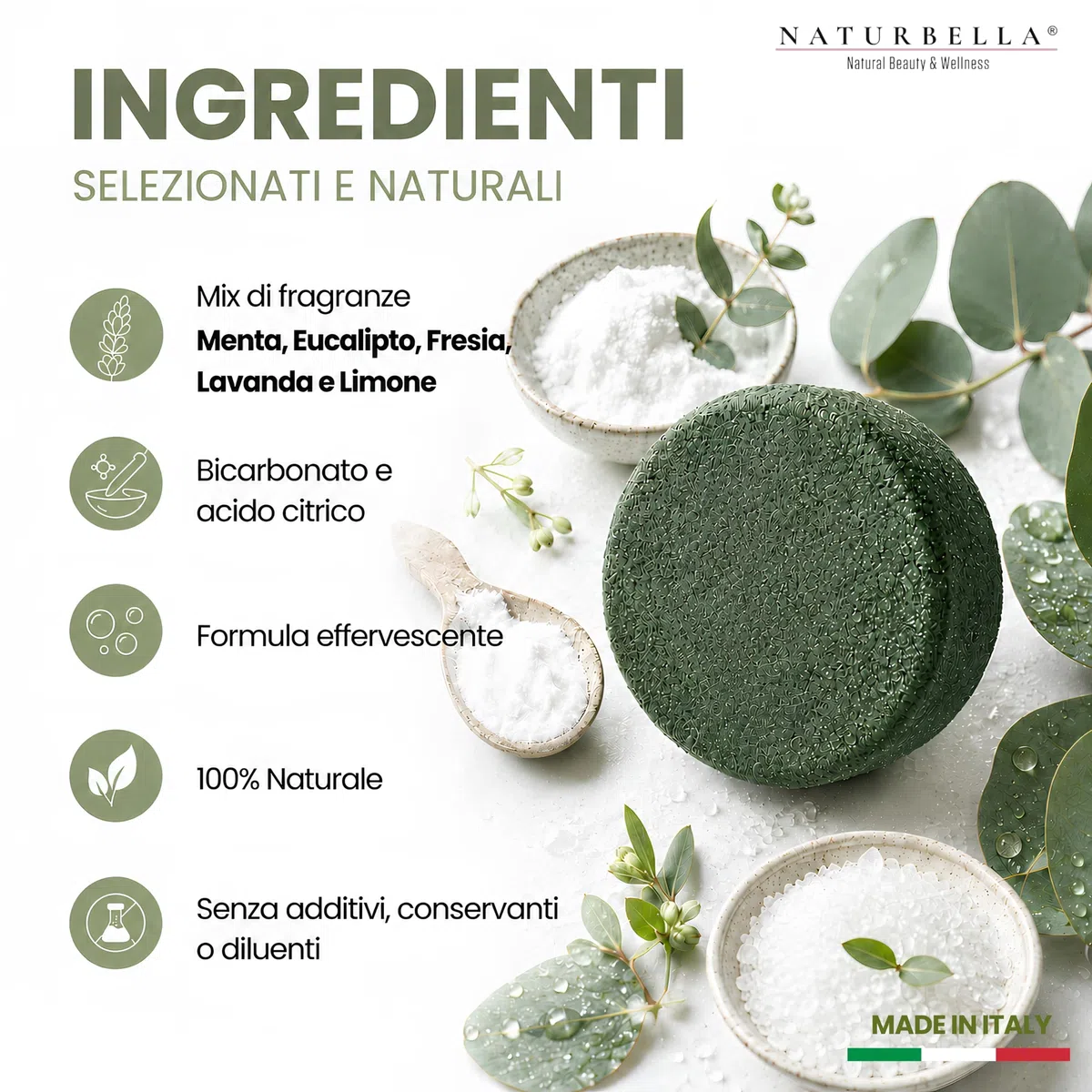 Naturbella 5 Bombe da Doccia Balsamiche Aroma Shower Breath Eucalipto, con Olio Essenziale Biologico di Eucalipto, Shower Bomb Aromaterapia Balsamica, per Doccia Aromaterapica Made in Italy