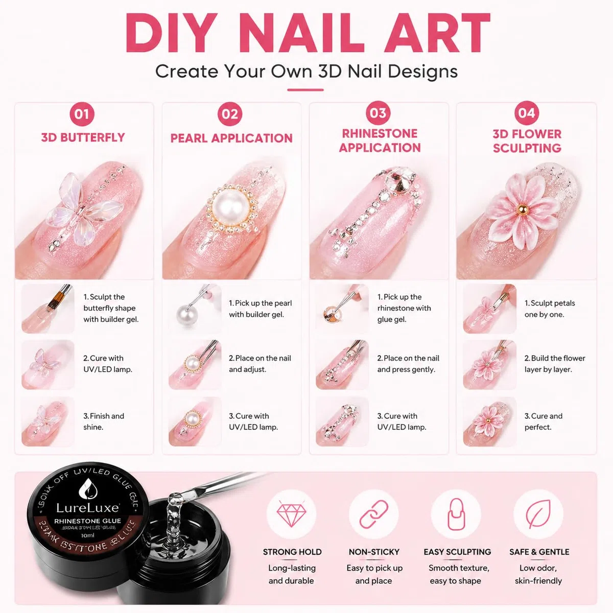 2x10ml Colle Unghie Finte Solida,Colla per Gel Unghie,Gel Colla per Tip unghia Solido,Fissaggio Strass E Decorazioni Nail Art,Ideale Per Nail Art Fai Da Te E Salone