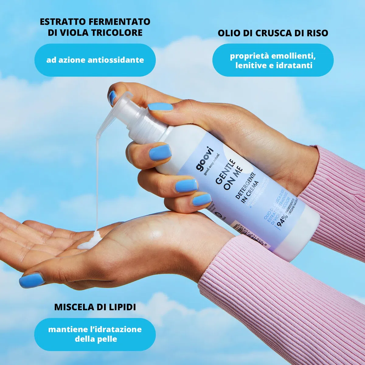 Goovi, Gentle on Me Detergente Viso in Crema per Pelle Secca e Sensibile, Rimuove Delicatamente Trucco e Impurità, Preserva l'Idratazione e Protegge la Barriera Cutanea, Ingredienti Naturali, 140ml