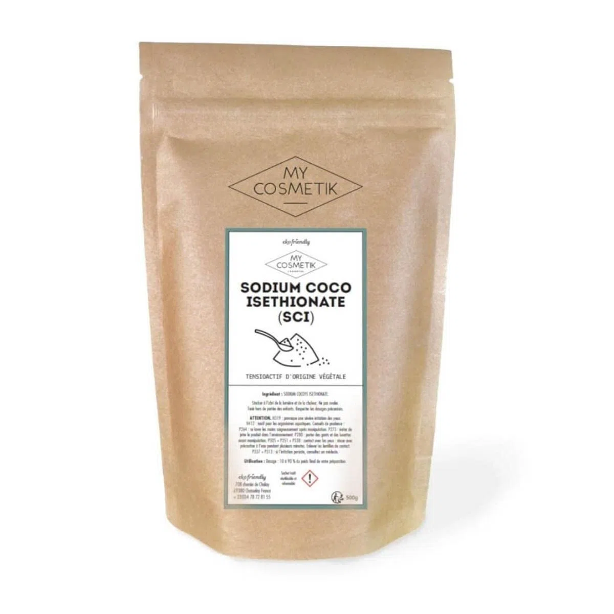 MY COSMETIK - SCI (Sodium Cocoyl Isethionate) Tensioattivo di sali di acidi grassi da olio di cocco - 100% vegetale - Potere schiumogeno - Prodotto in Francia - 100 g - in sacchetto kraft