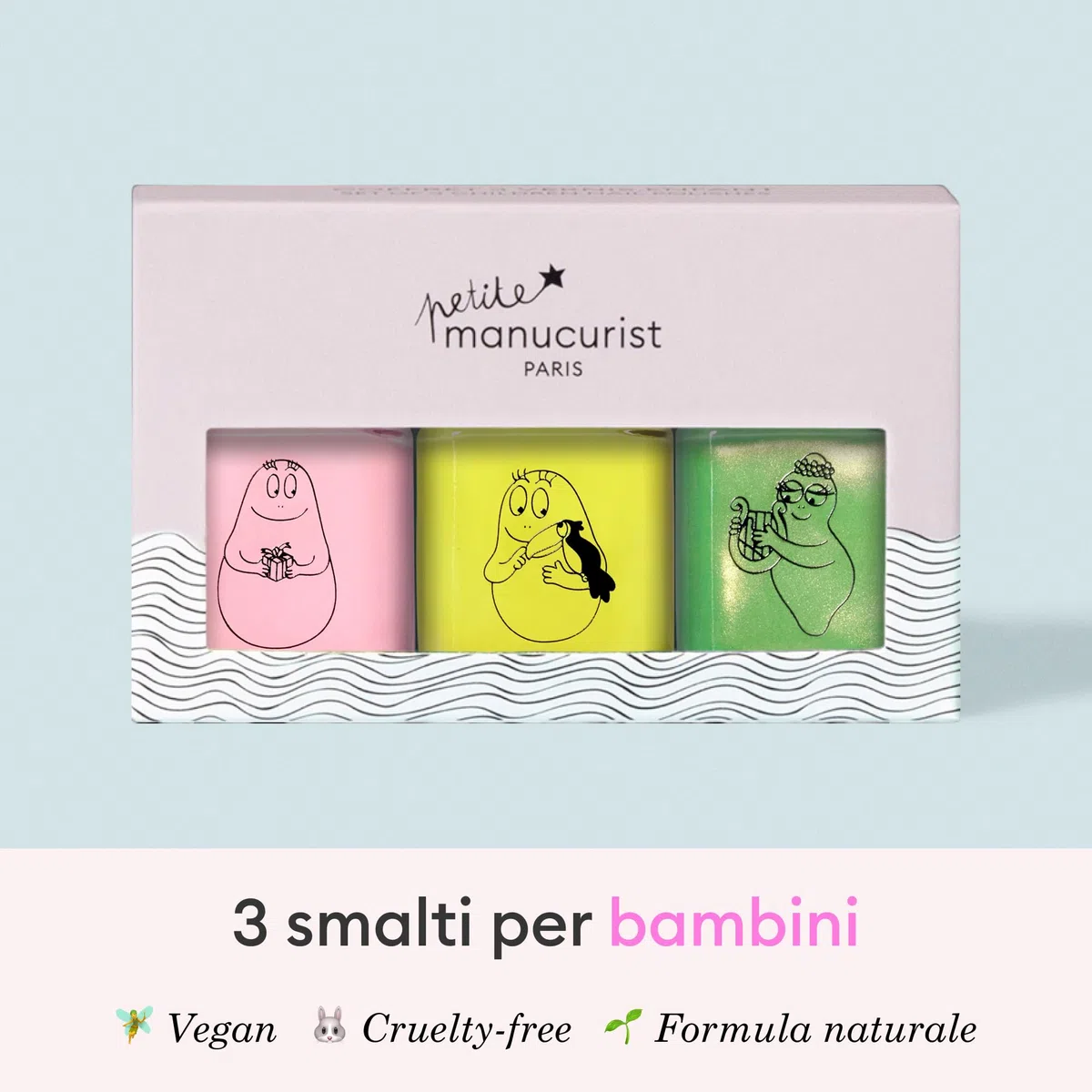 Manucurist Barbapapà Kit di Smalti per Unghie a base d'acqua per bambini dai 3 anni - 3 smalti atossici in rosa, giallo, verde - Regali Bambini - Regalo Bambina 3 anni