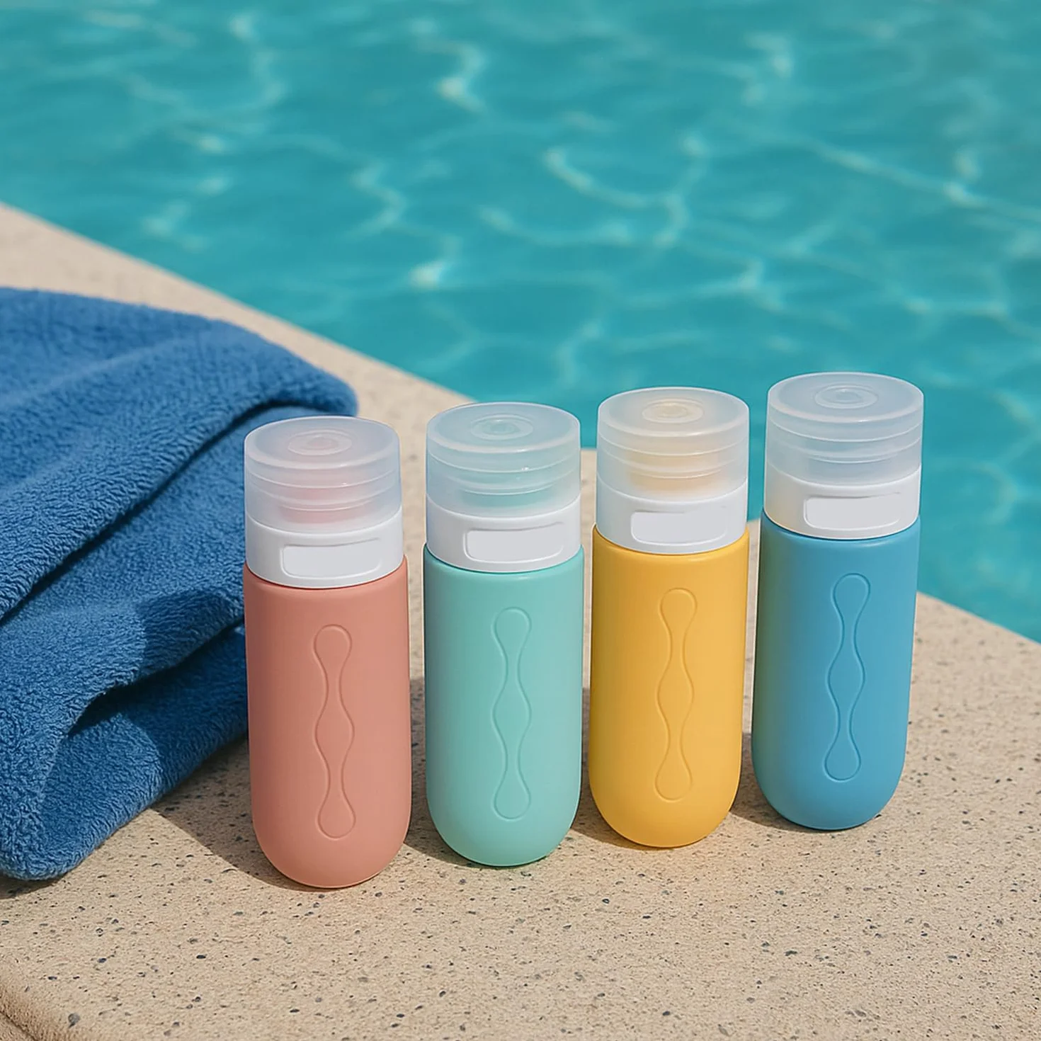 BEPER C302AAC010 Set 4 Flaconi da Viaggio in Silicone 90 ml, Contenitori per Shampoo e Creme con Astuccio Trasparente, Antigoccia, Ideali per Aereo e Palestra
