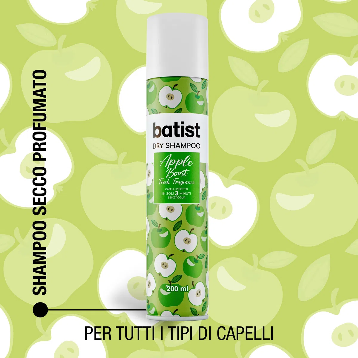 Batist Shampoo Secco Apple Boost, Shampoo a secco con profumo fresco di mela verde, Shampoo secco profumato per acconciature e messe in piega, per tutti i tipi di capelli, 200 ml, Made in Italy