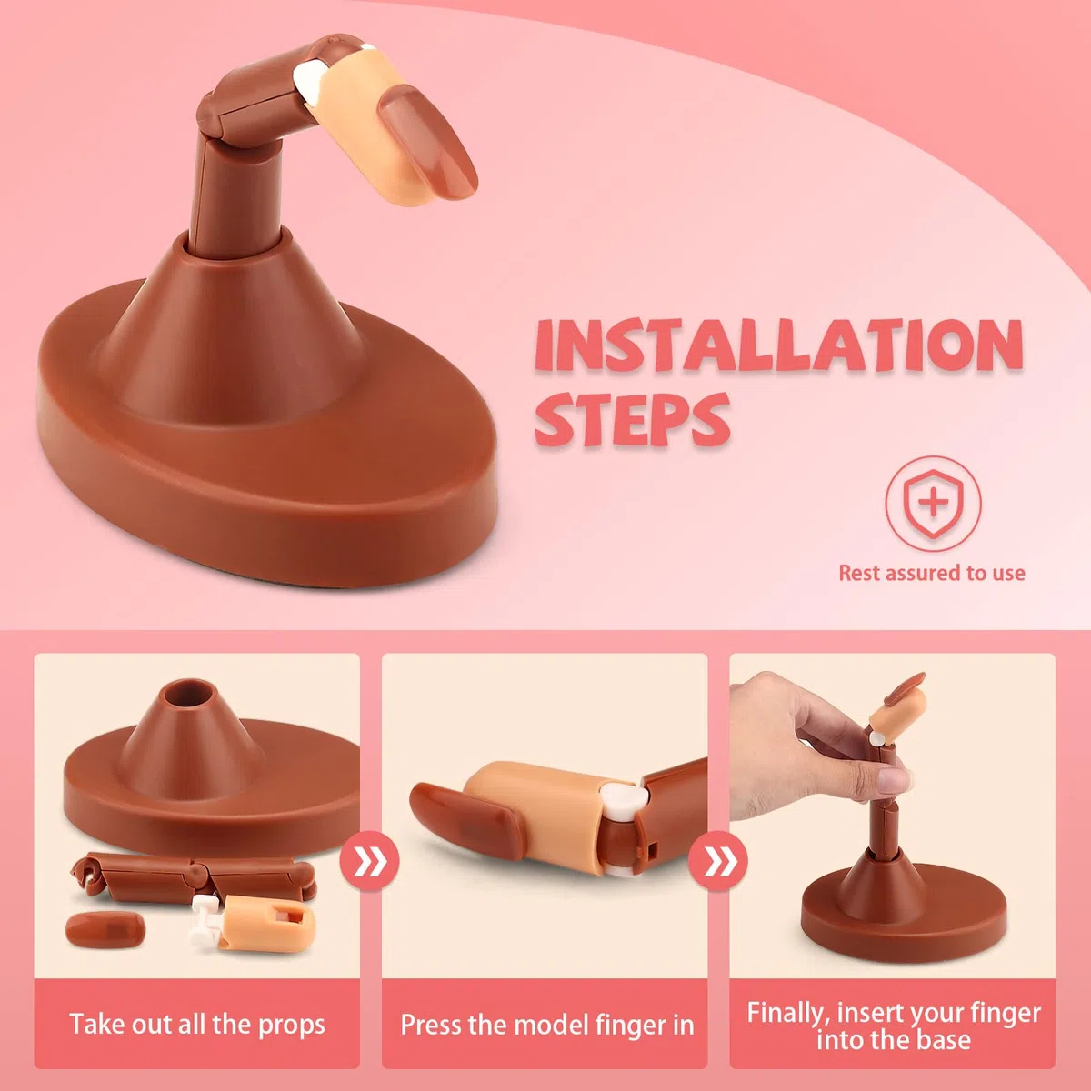 3 dita finte per unghie in acrilico con base, punte e blocco tampone per unghie, manichino regolabile per nail art, kit per principianti mobili e flessibili (marrone)