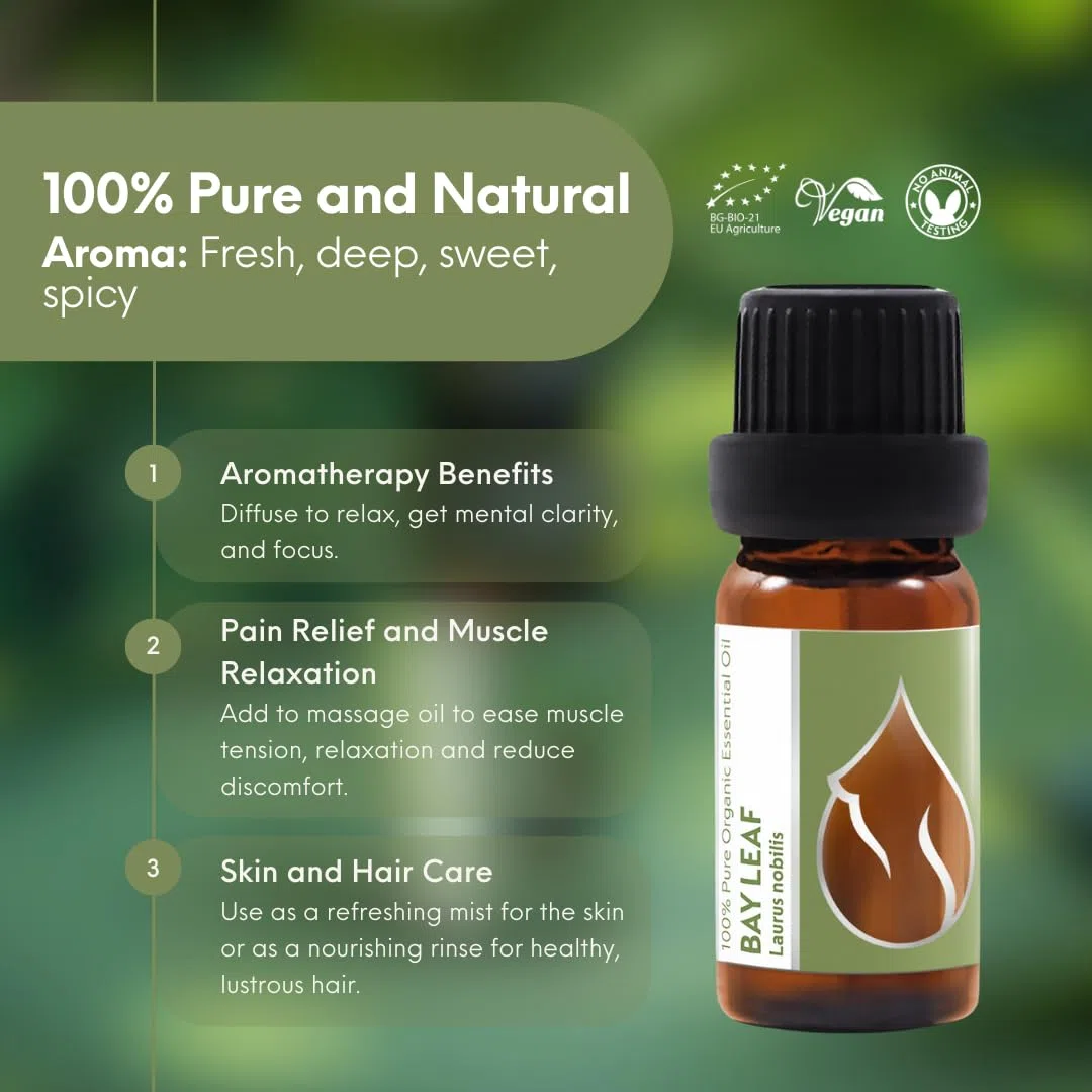 Essences Bulgaria Olio Essenziale di Alloro Biologico 10 ml | Laurus nobilis | 100% Puro e Naturale | Non Diluito | Grado Terapeutico | Fattoria a Conduzione Familiare | Distillato a Vapore | Non OGM