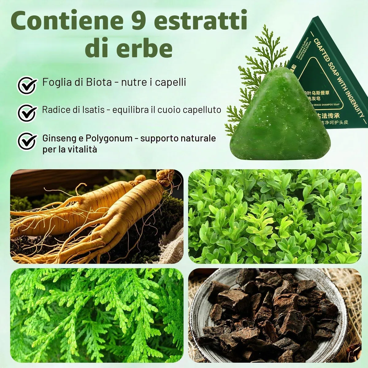 1Pz Shampoo Solido Triangolare Naturale,Usman Grass Foglie di Cipresso Shampoo Solido,Shampoo Al Sapone Verde Nature Seven,Lenitivo e Rinforzante per Capelli, per Cura dei Capelli di Donne e Uomini