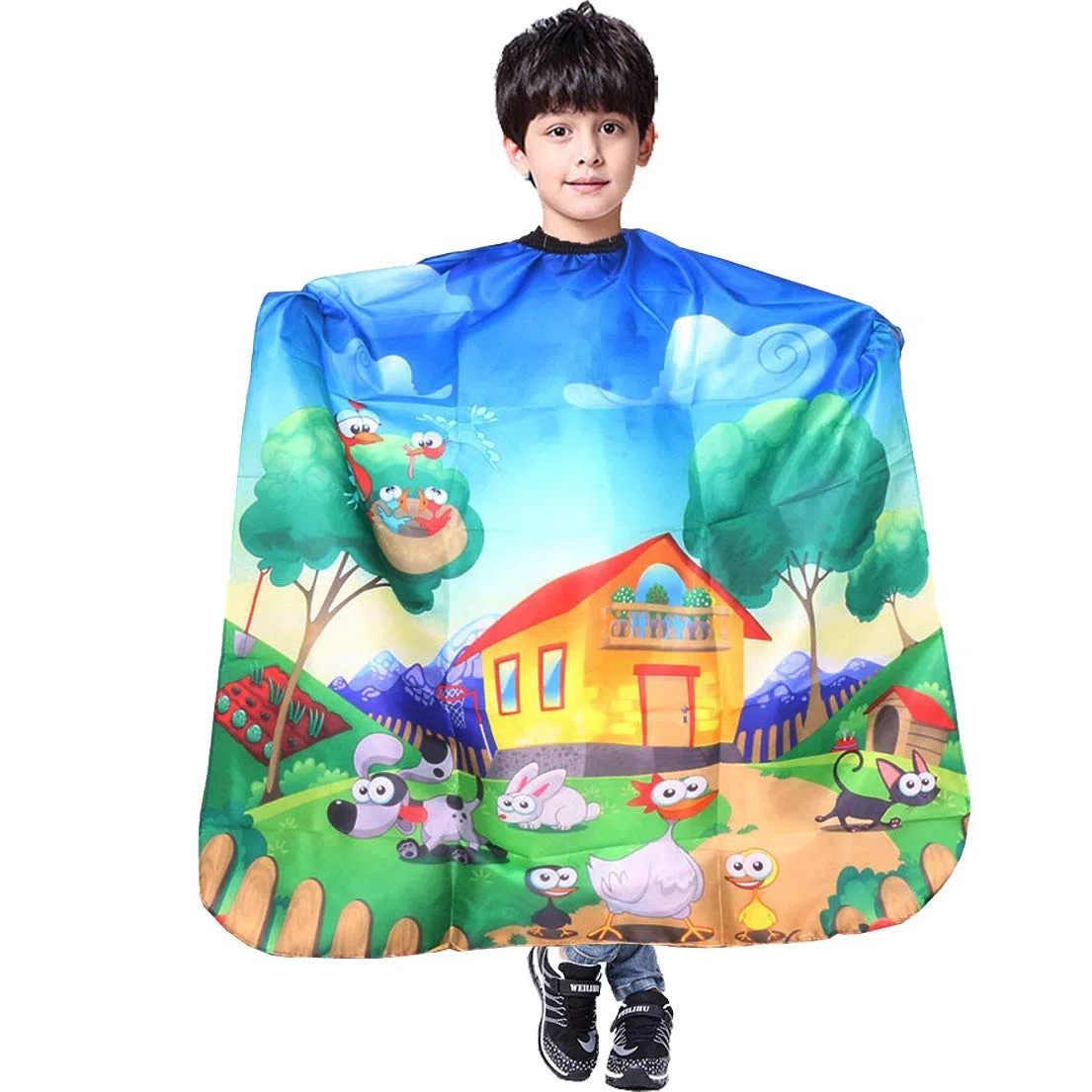 Mantello da taglio di capelli per bambini, con stampa cartoni animati, da parrucchiere, con chiusura a scatto regolabile, impermeabile (Happy Farm), Blu, m