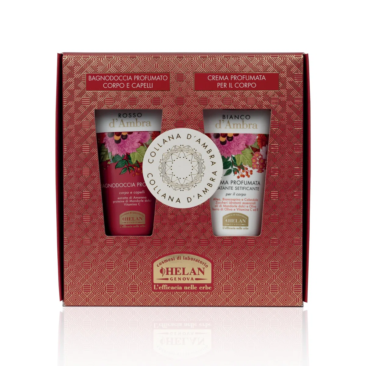 Helan, Collana d'Ambra - Cofanetto Regalo Donna con Shampoo e Bagnoschiuma 2 in 1 e Crema Corpo Idratante Profumata - Idee Regalo Beauty con Vitamina C, E e Olio di Mandorle Dolci, 75 ml Made in Italy