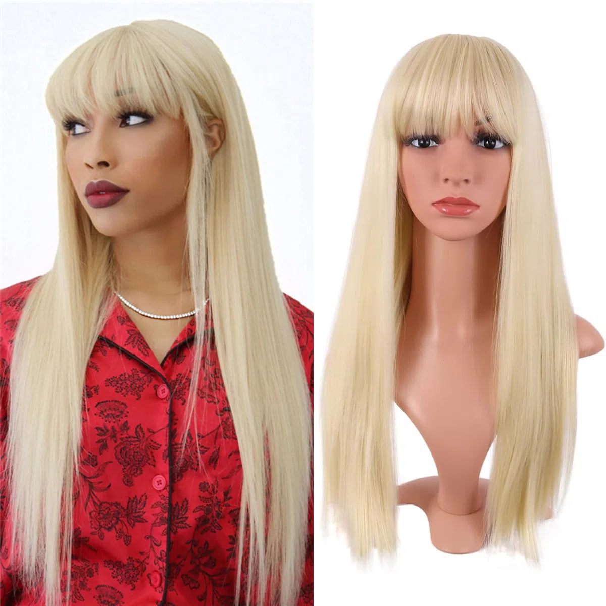 24 Pollice/60 cm Lungo Lisci Con Frange Sintetico Capelli, Parrucca bionda con frangia, Parrucca Bionda, Parrucca per Feste Cosplay Quotidiano