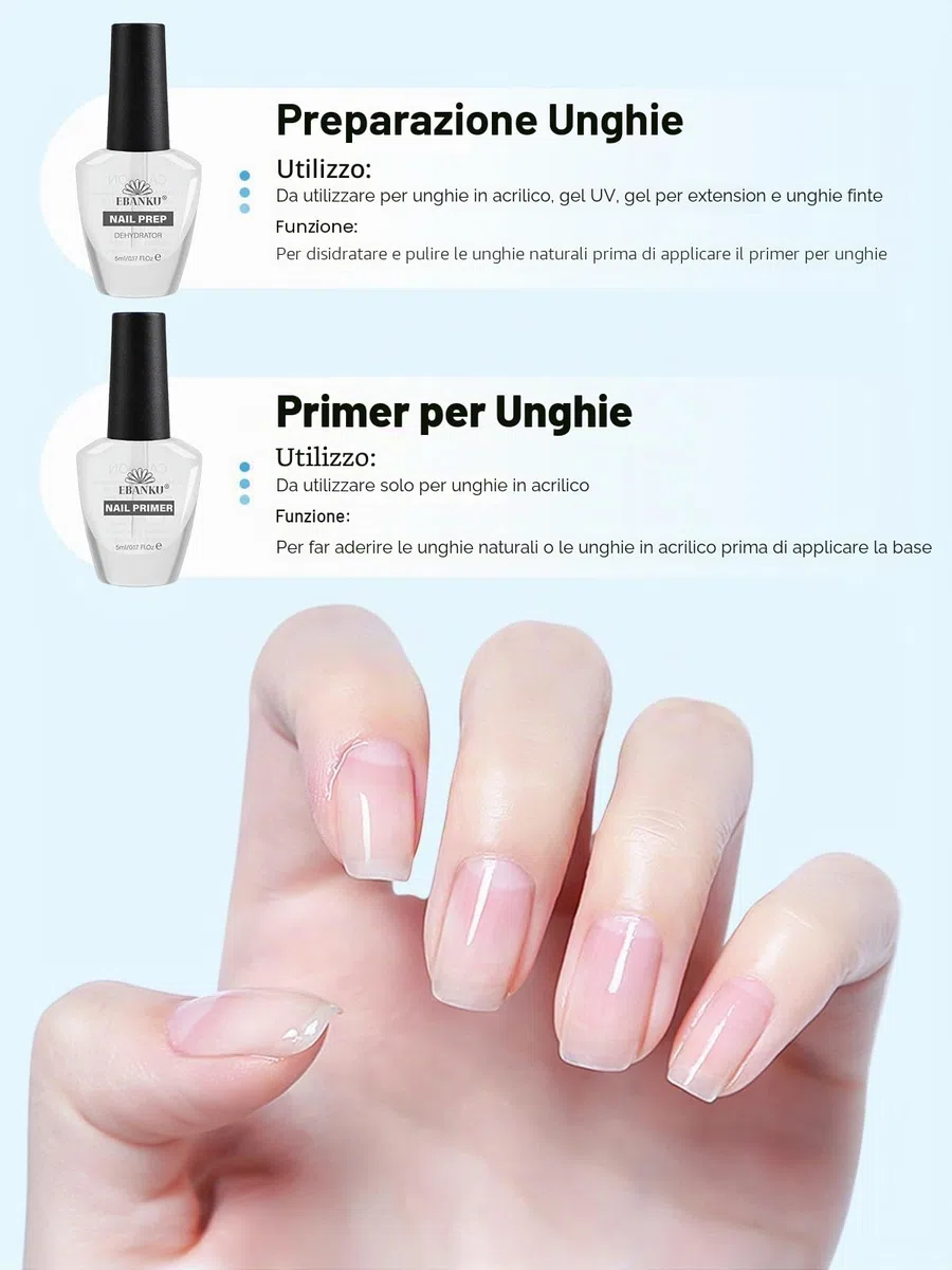 EBANKU 5PCS Base e Top Coat Semipermanente, Disidratatore per Unghie Primer per Unghie, Builder Gel Unghie, Kit Nail Prep e Primer Unghie UV LED Professionale per Smalto Unghie Gel