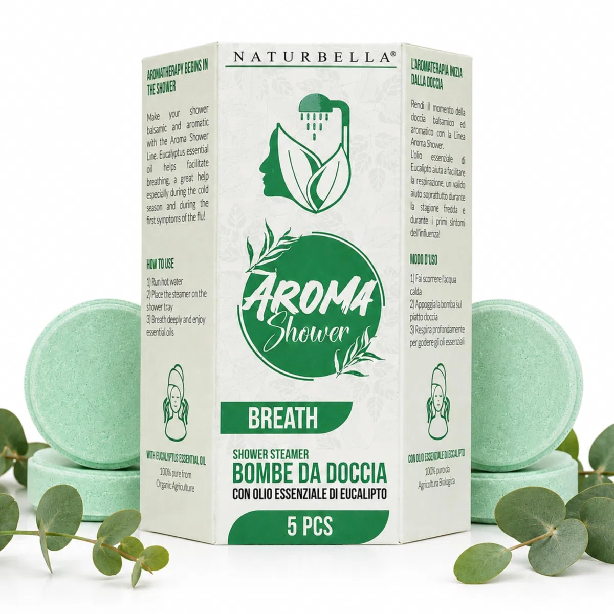Naturbella 5 Bombe da Doccia Balsamiche Aroma Shower Breath Eucalipto, con Olio Essenziale Biologico di Eucalipto, Shower Bomb Aromaterapia Balsamica, per Doccia Aromaterapica Made in Italy