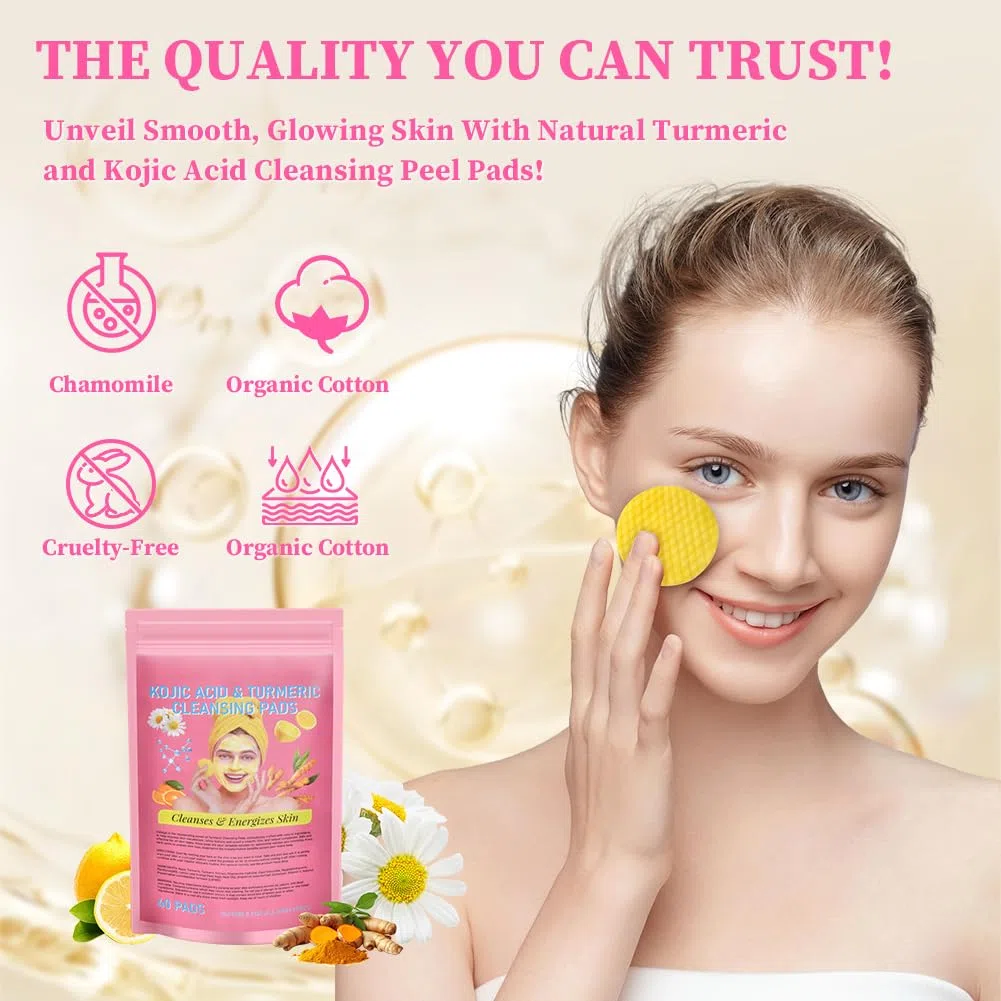 LOPEH Turmeric Kojic Acid Cleansing Pads, Tamponi Detergenti Alla Curcuma 40 Pezzi, Turmeric Pads per Pulizia del Viso, Exfoliating Cleansing Pads Adatto a Tutti i Tipi di Pelle