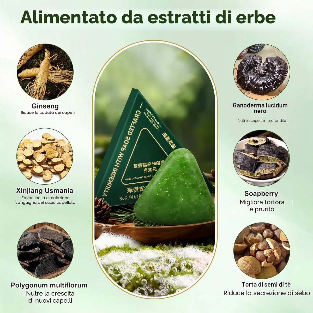 1Pz Shampoo Solido Triangolare Naturale,Usman Grass Foglie di Cipresso Shampoo Solido,Shampoo Al Sapone Verde Nature Seven,Lenitivo e Rinforzante per Capelli, per Cura dei Capelli di Donne e Uomini
