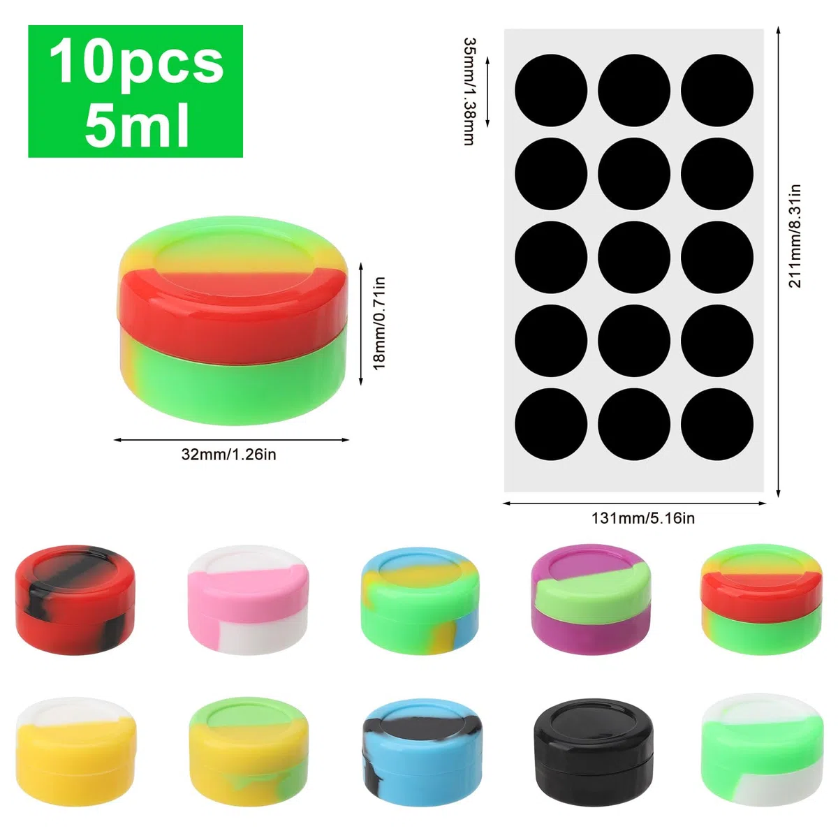 VOSSOT Contenitori Rotondi in Silicone da 5 ml con 15 Etichette - Mini Antiaderenti per Cera e Campioni Vuoti